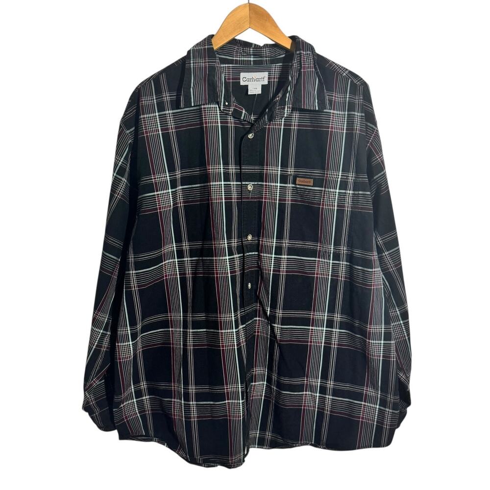 Carhartt Shirt Mens 2XL Black Red Stripe Plaid Workwear Outdoor Big & Tall Cotto